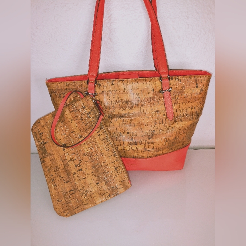 Anne Klein 2 PC Set Paige Faux Cork/Leather Tote and Clutch Coral/Salmon